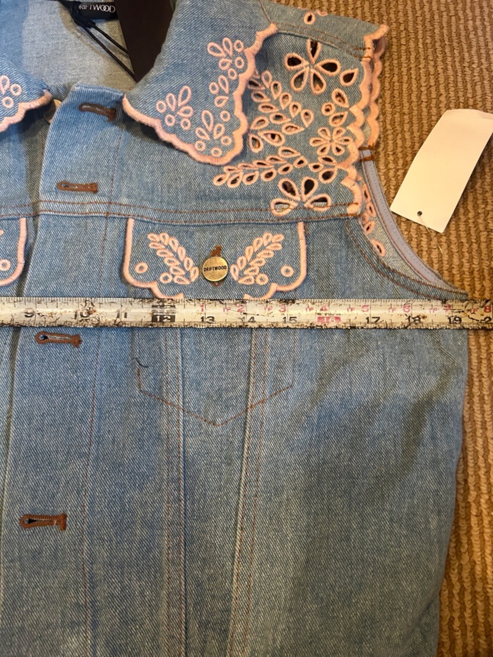 NWT FP x DRIFTWOOD Light Blue pink embroidered Denim vest size medium - Picture 8 of 11